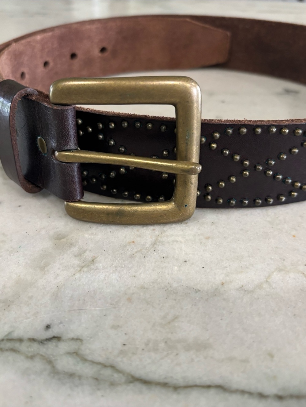 Old Navy Brown Leather Studded Belt with Brass Buckle